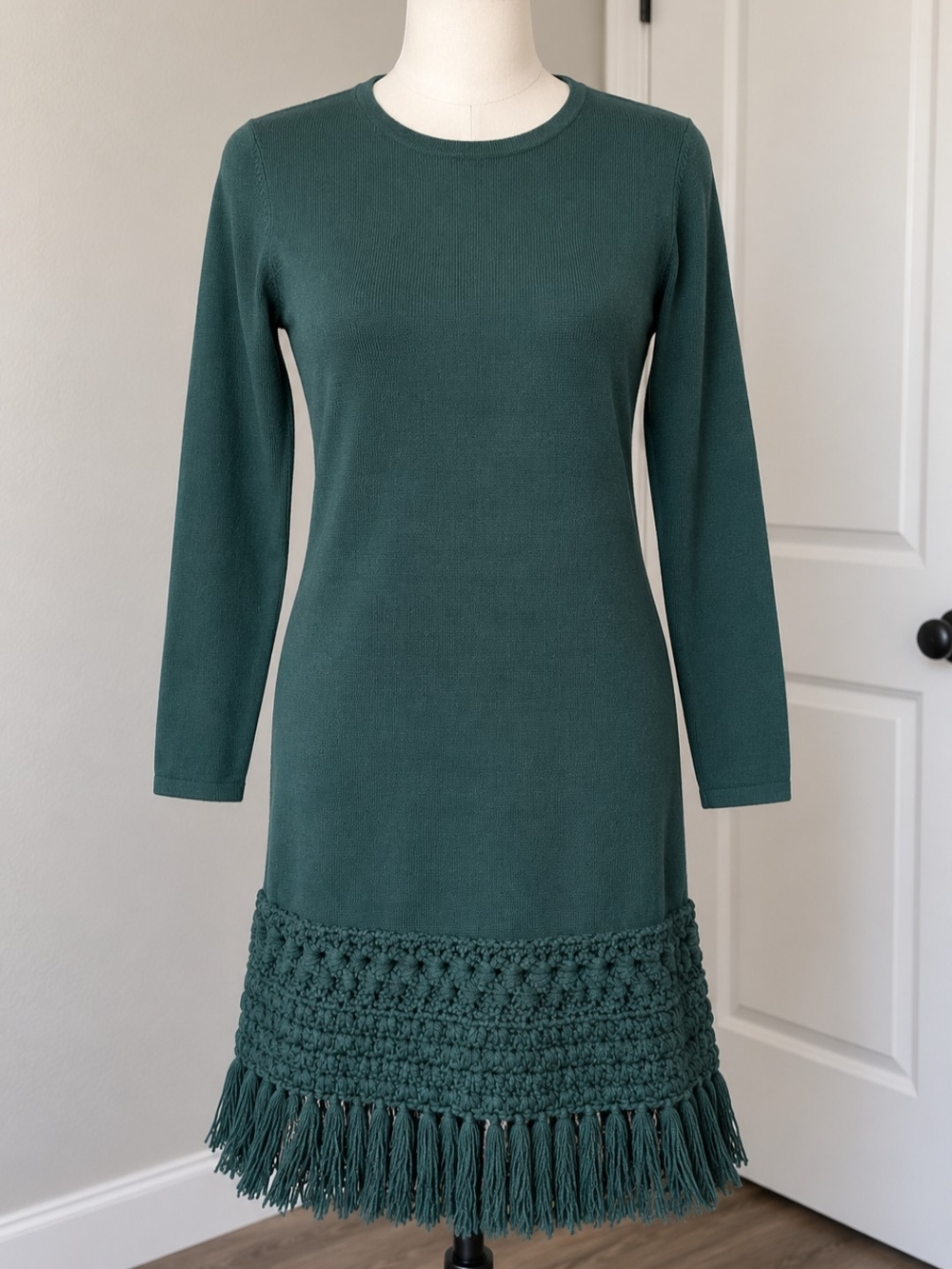 Trina Turk Over Ice Long Sleeve Tassel Merino Wool Green Sweater Dress Medium